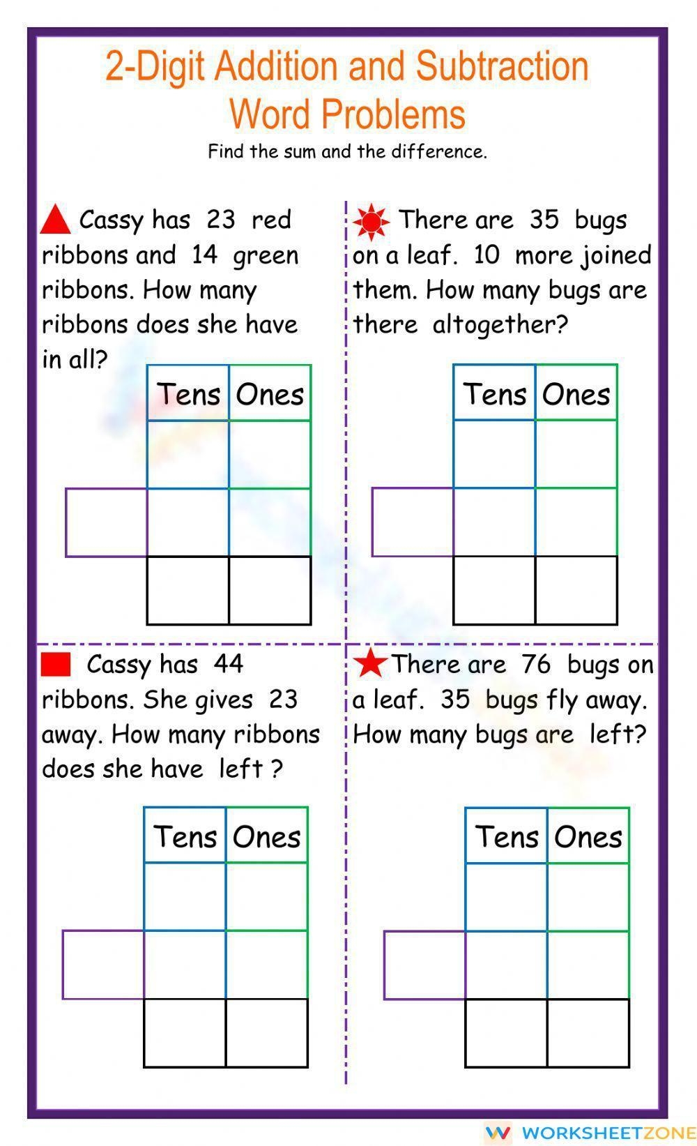 2 Digits Addition And Subtraction Word Problems Worksheet Worksheets 