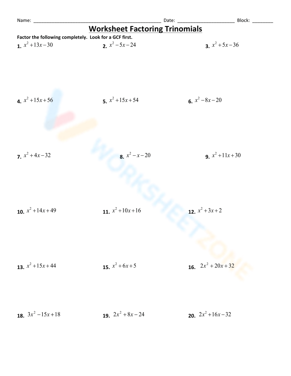 Factoring Trinomials Worksheets Worksheets Library