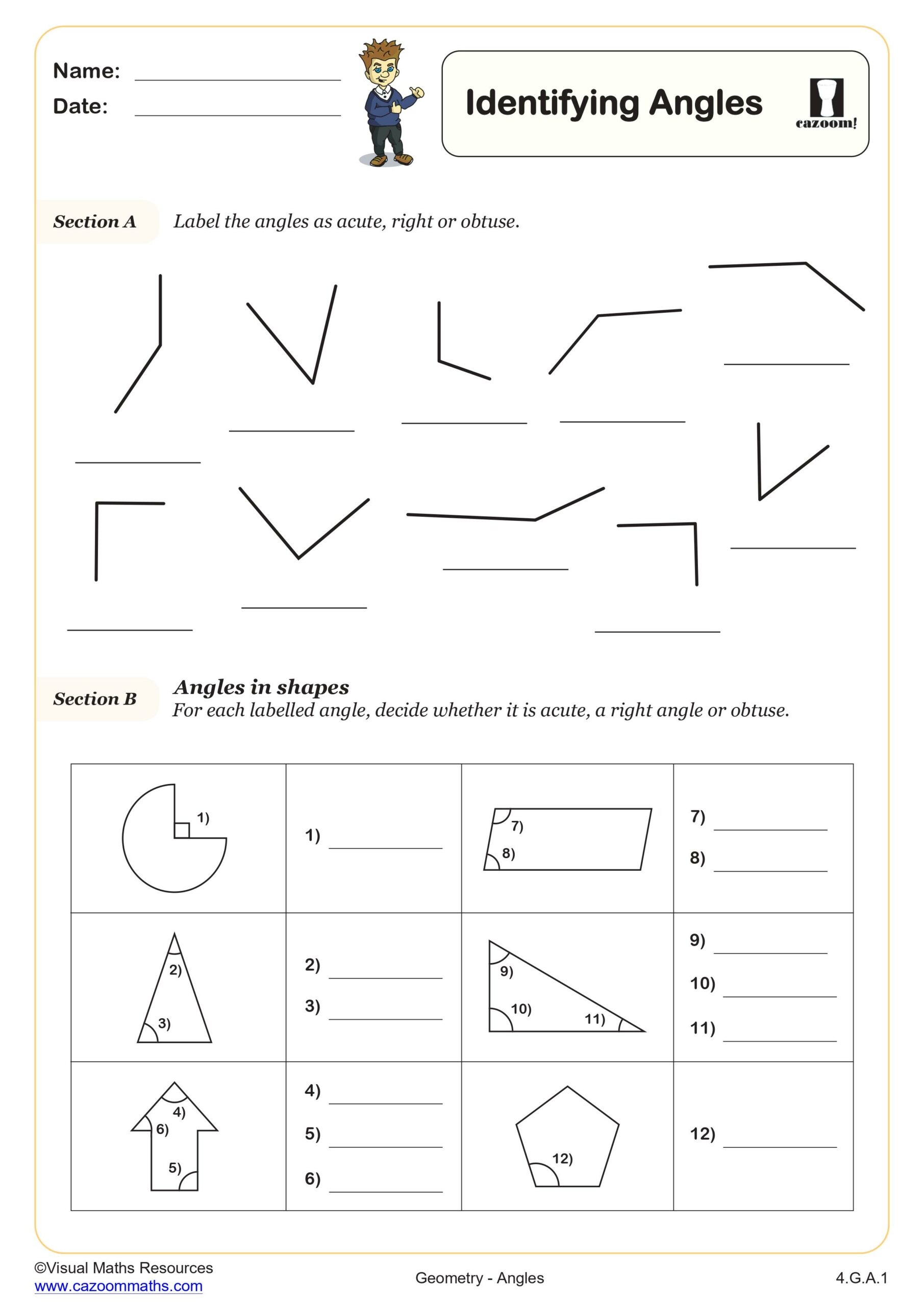 Identifying Angles Worksheet Printable PDF 4th Grade Geometry 