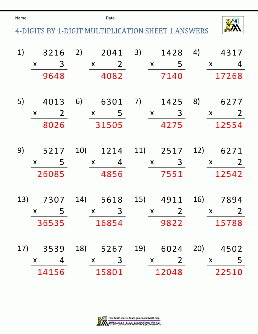 Math Multiplication Worksheets 4th Grade