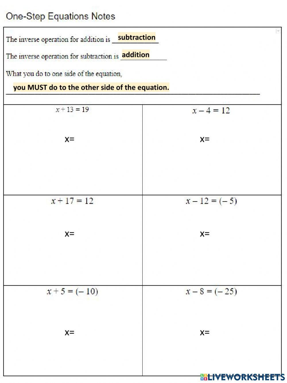 One Step Equations Worksheet Live Worksheets Worksheets Library