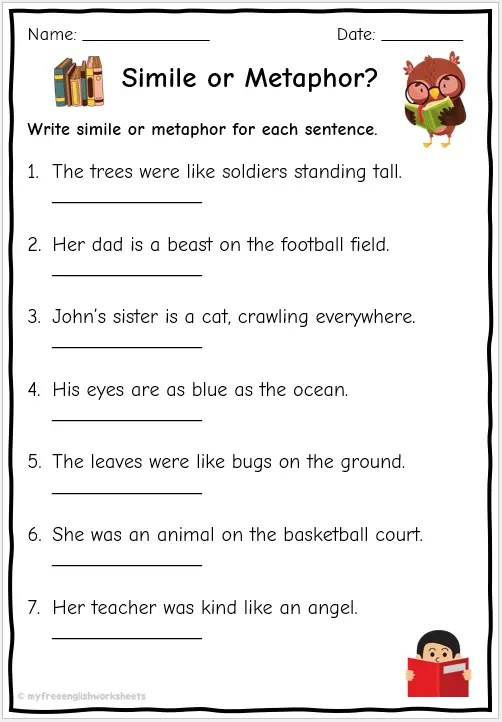 Simile Or Metaphor Worksheet Printable Worksheet With Answer Key 