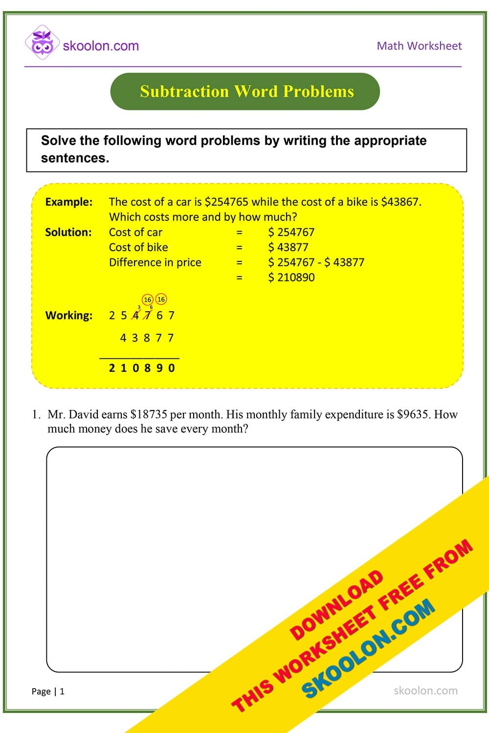 Subtraction Word Problems Skoolon