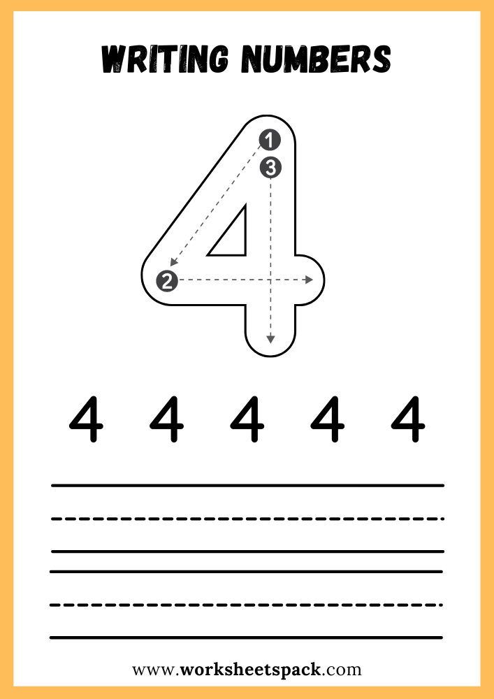 Writing Numbers Worksheet PDF Write Number 4 Free Printable For Kids