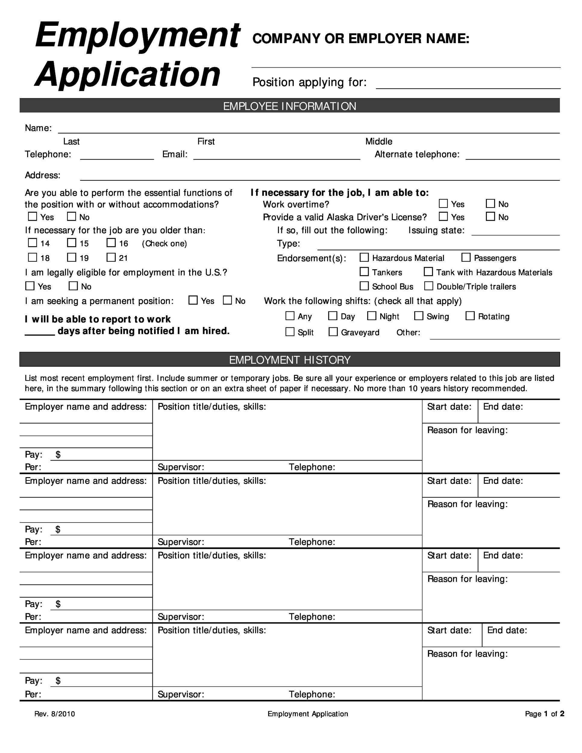 56 Free Employment U0026 Job Application Form Templates Printable 