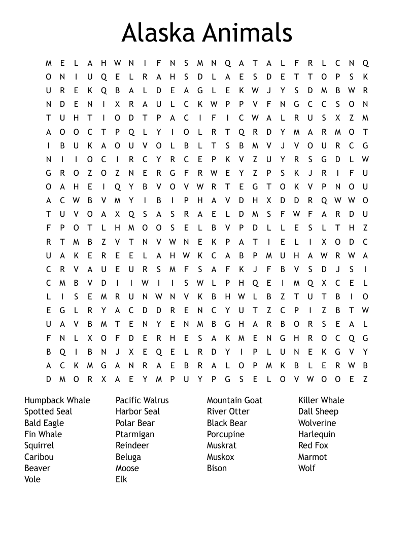Alaska Animals Word Search WordMint