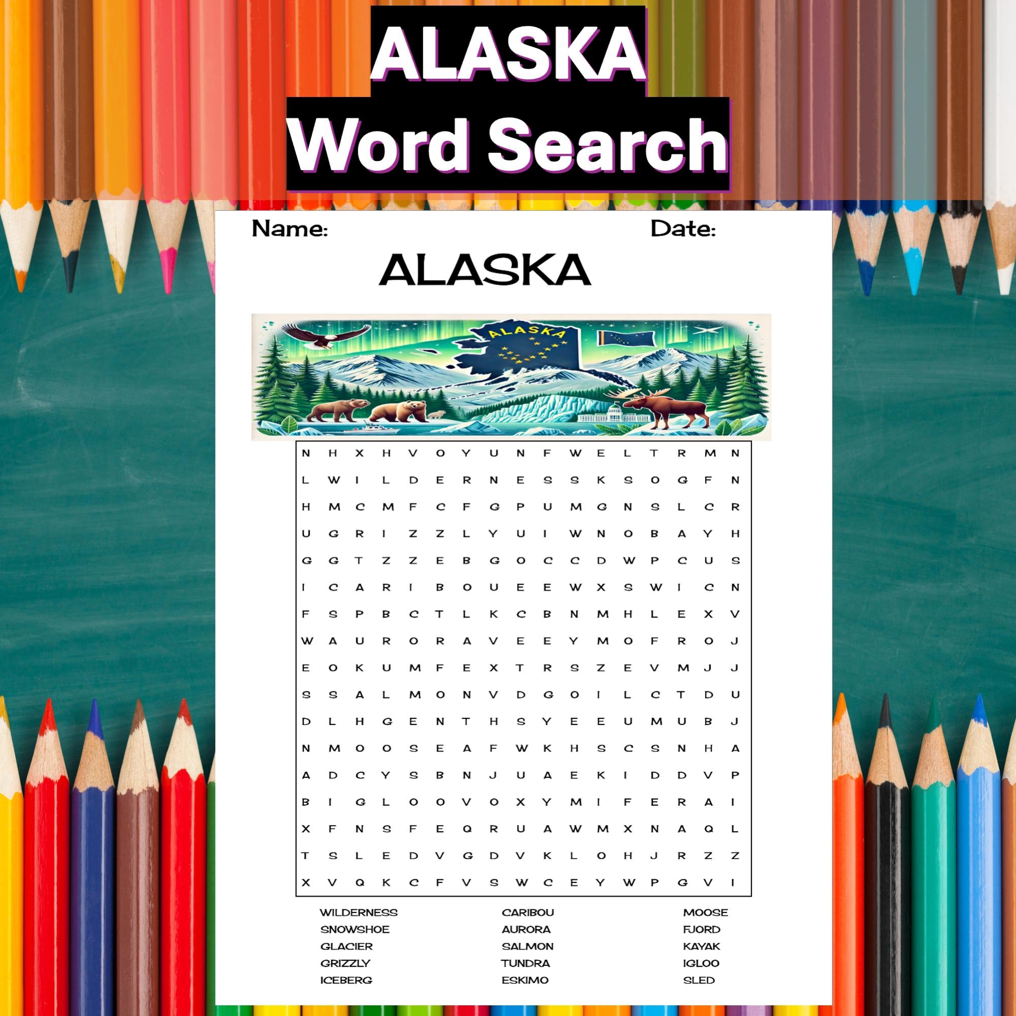 ALASKA Word Search Puzzle And Answer Key us States Worksheet social Studies homeschool Classroom digital Download sub Plans Activity Etsy