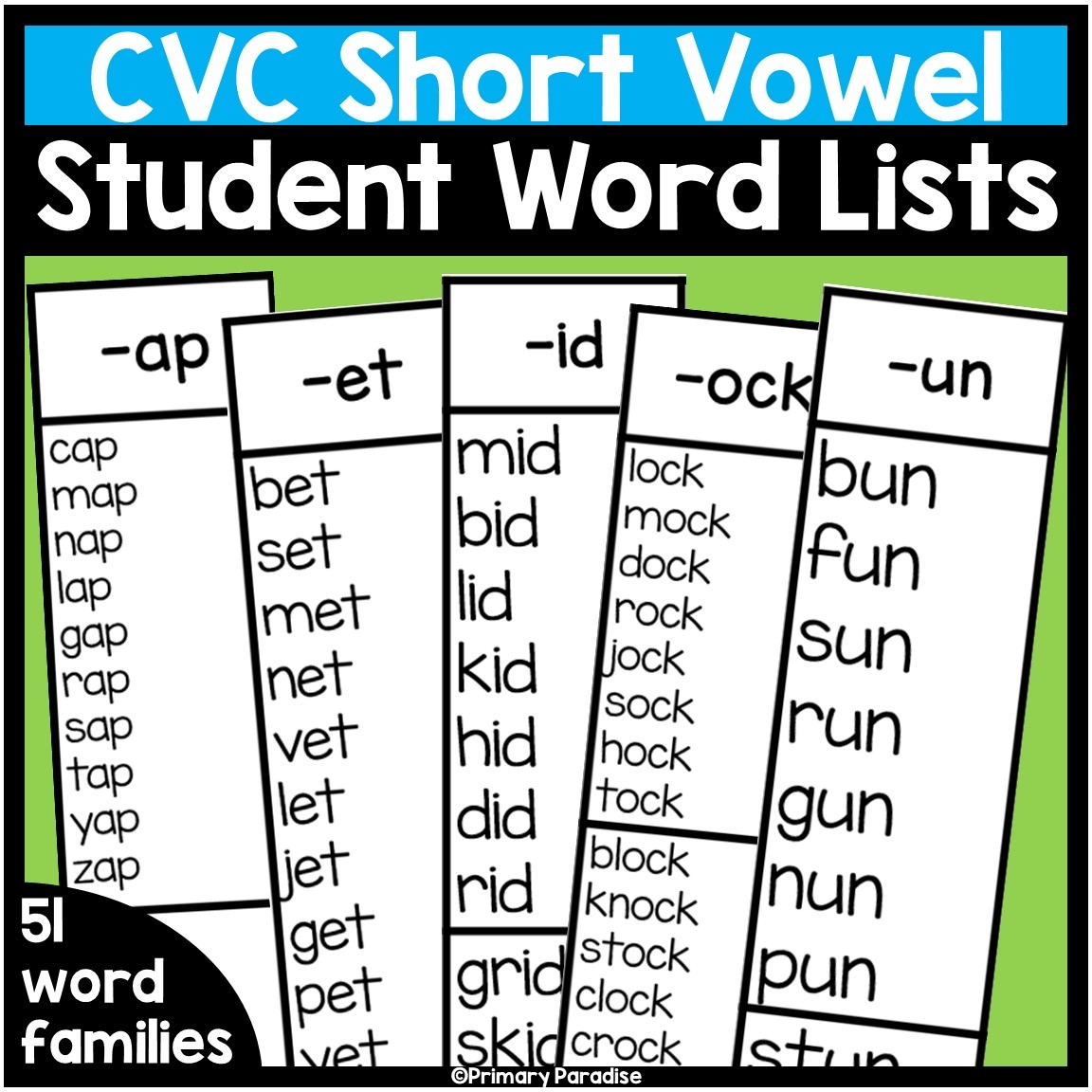 CVC Word Lists For Students Printable Short Vowel Word Family Bookmarks