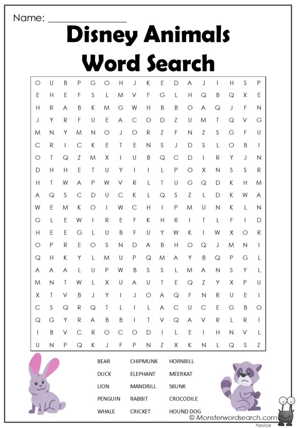 Disney Animals Word Search Monster Word Search