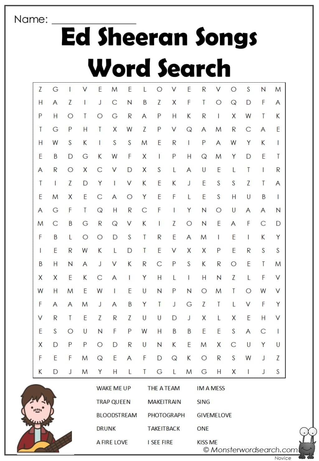 Ed Sheeran Songs Word Search Monster Word Search