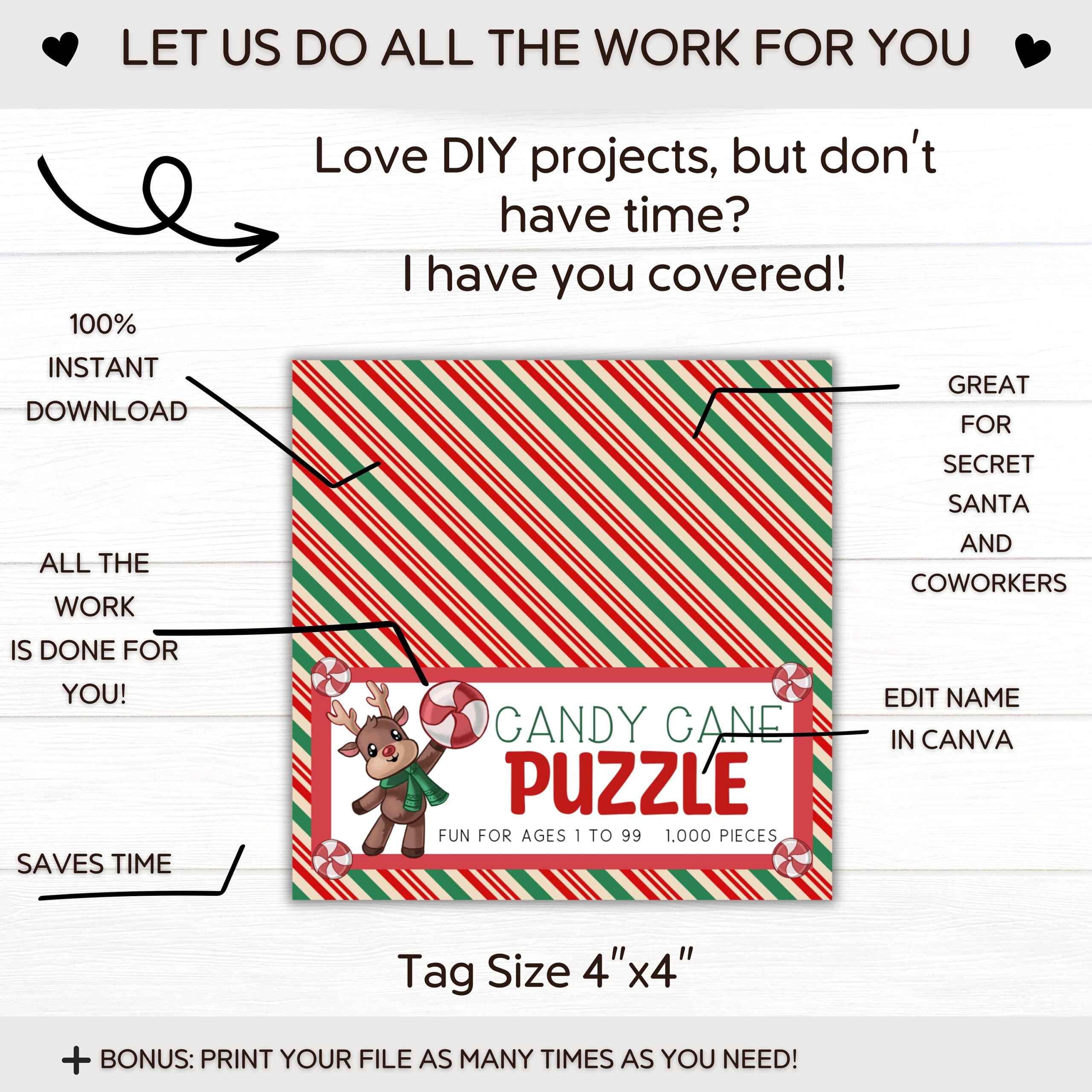 Editable Christmas Candy Cane Puzzle White Elephant Gag Gift Secret Santa Gift Stocking Stuffer Bag Topper Kids Christmas Favors Etsy