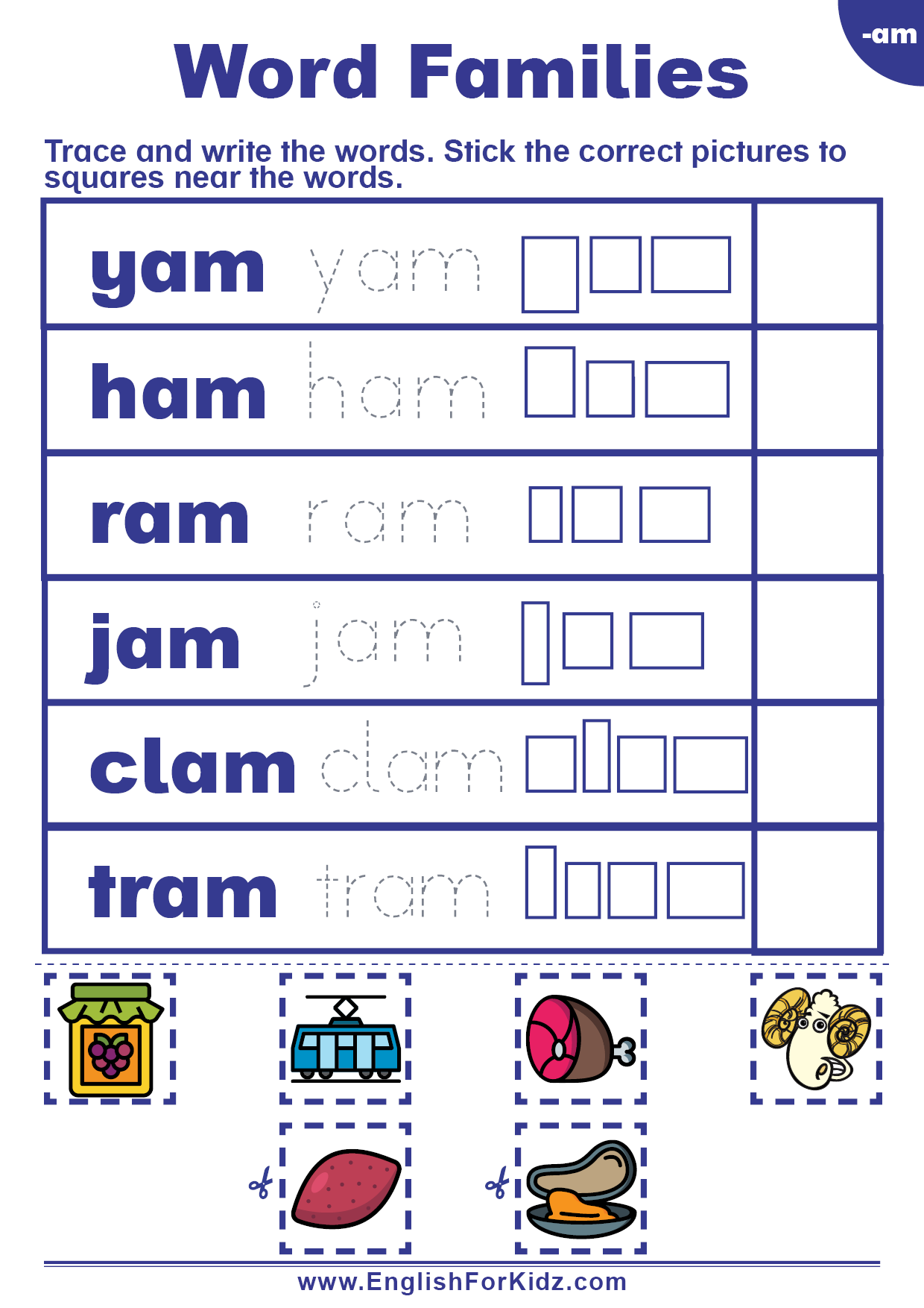 English For Kids Step By Step Word Families Worksheets Am Words 