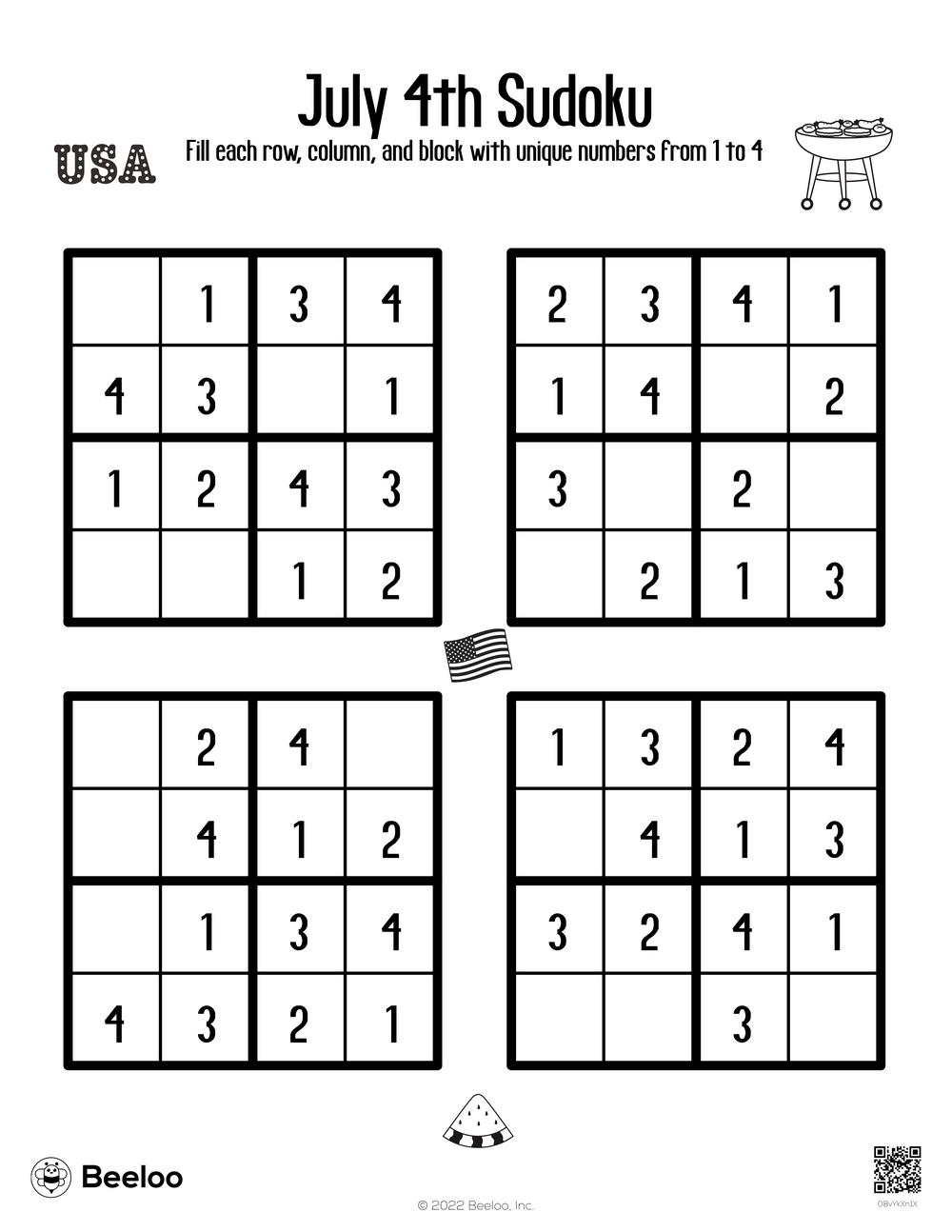 Fourth Of July themed Sudoku Puzzles Beeloo Printable Crafts And Activities For Kids
