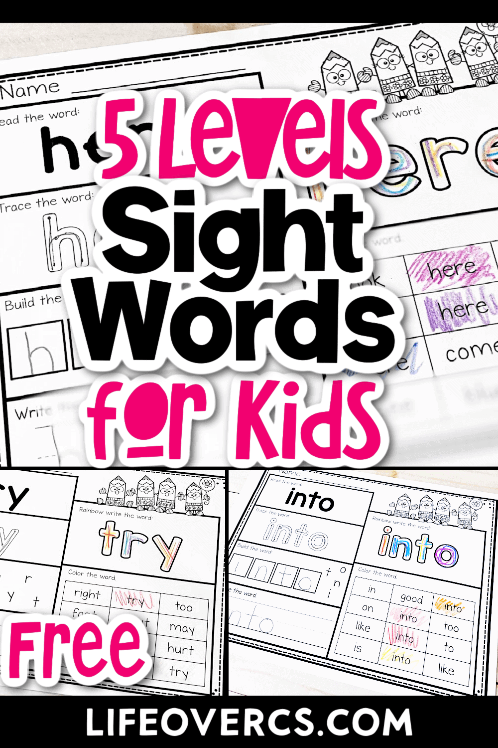 Free Print and Go Sight Word Worksheets 5 Levels