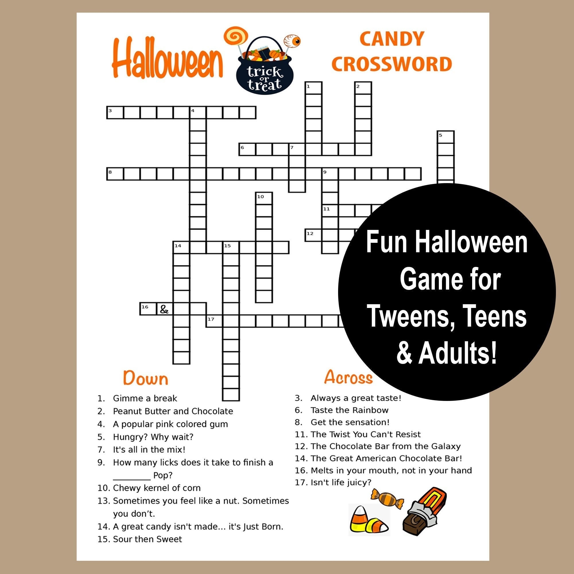 Halloween Crossword Puzzle Halloween Tween Teen Adult Game Halloween Party Game Printable Halloween Trivia Game Halloween Candy Game 