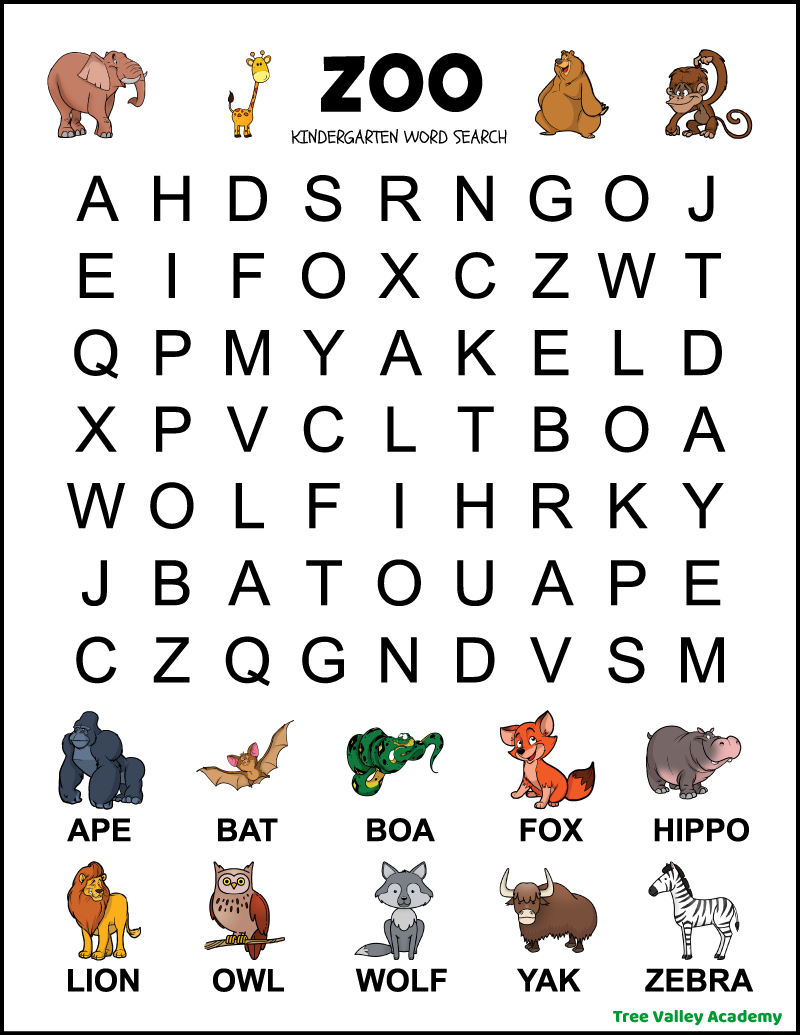 Kindergarten Zoo Animal Word Search Tree Valley Academy