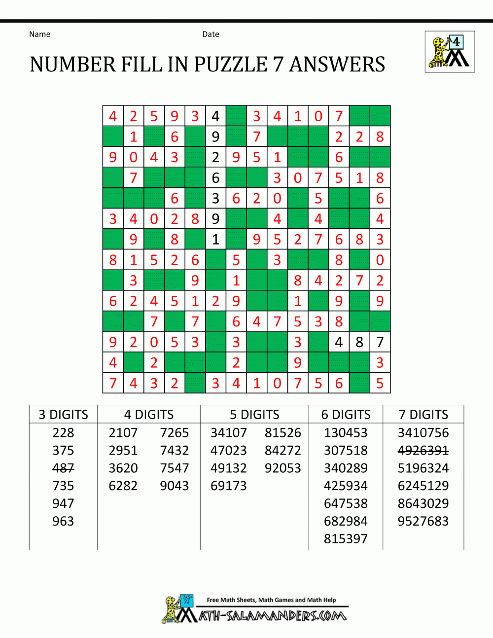 Number Fill In Puzzles