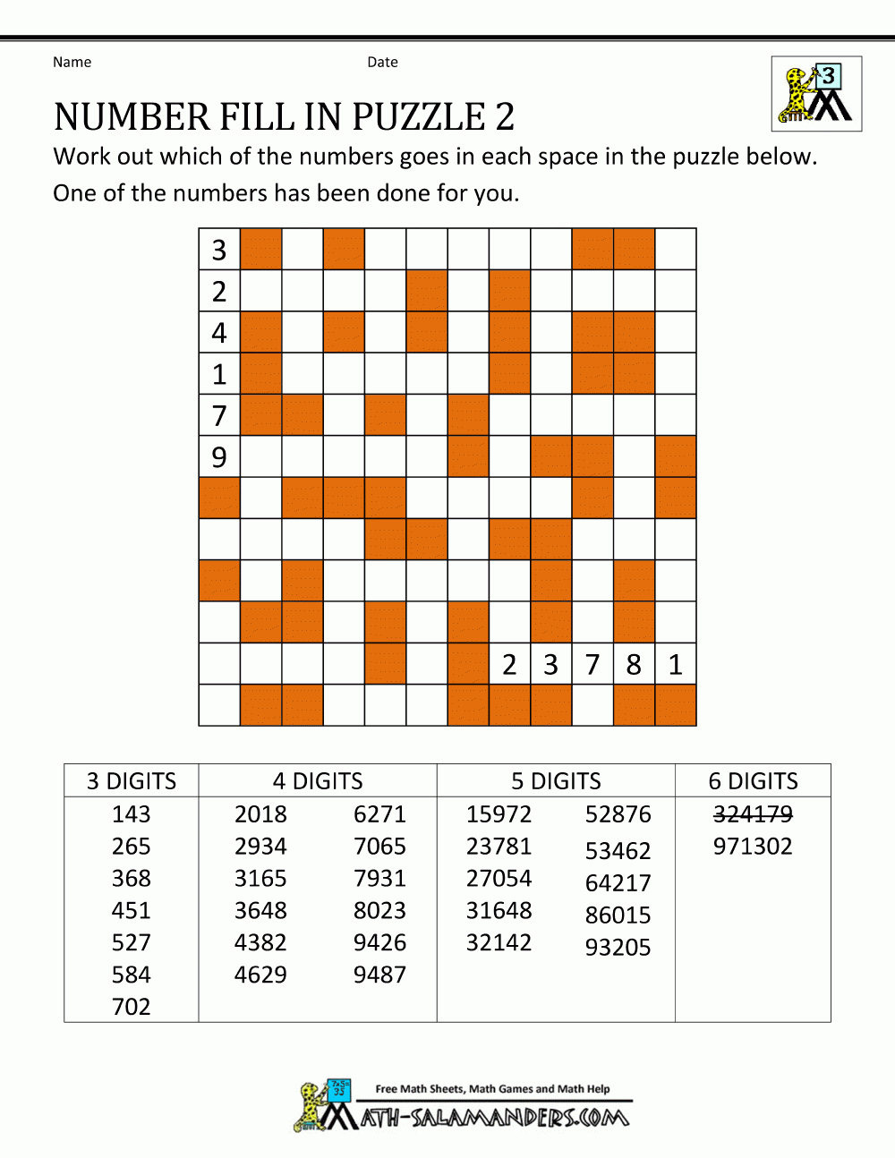 Number Fill In Puzzles Number Fill In Puzzles
