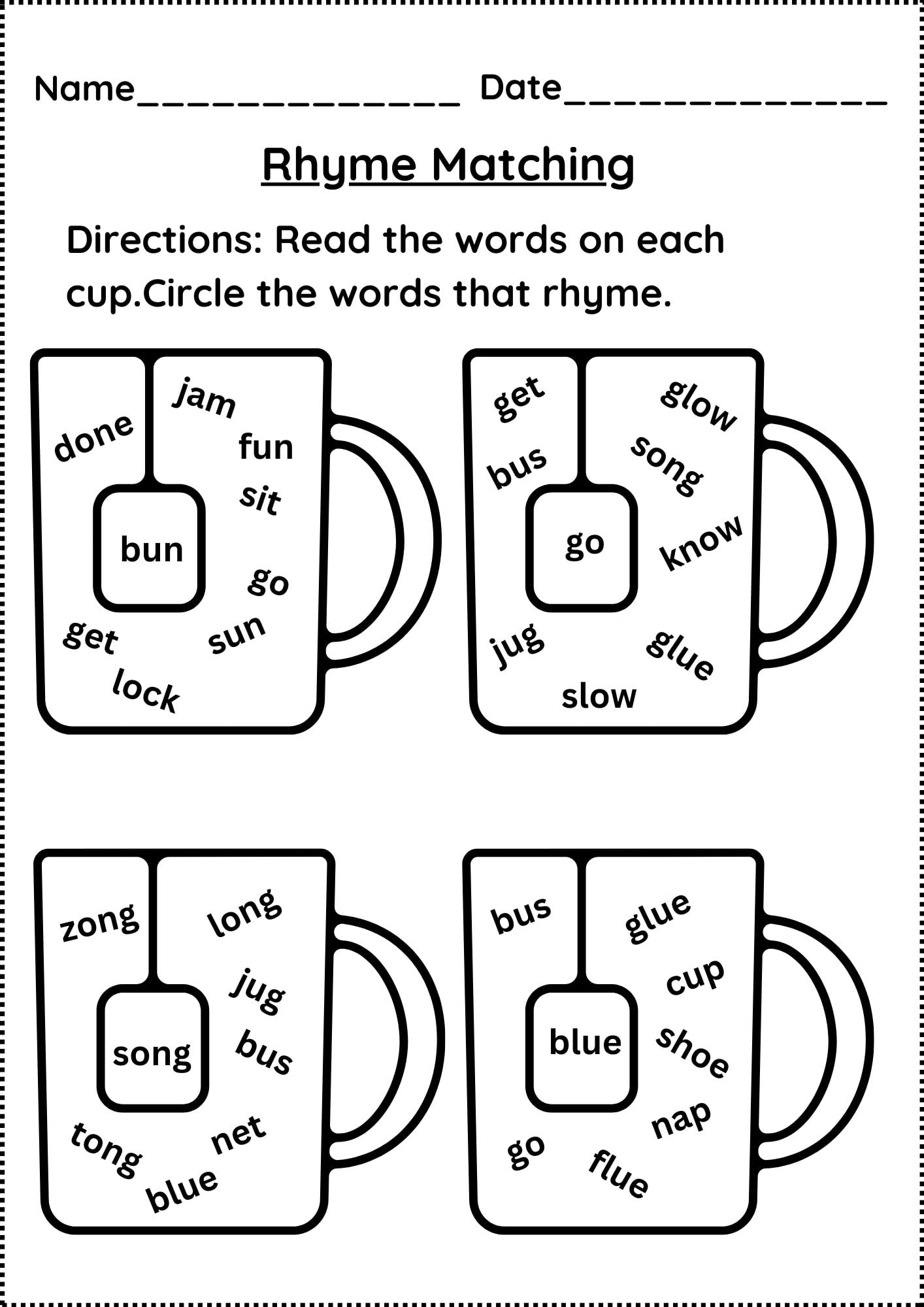 Rhyming Words Worksheets For Preschool Kindergarten
