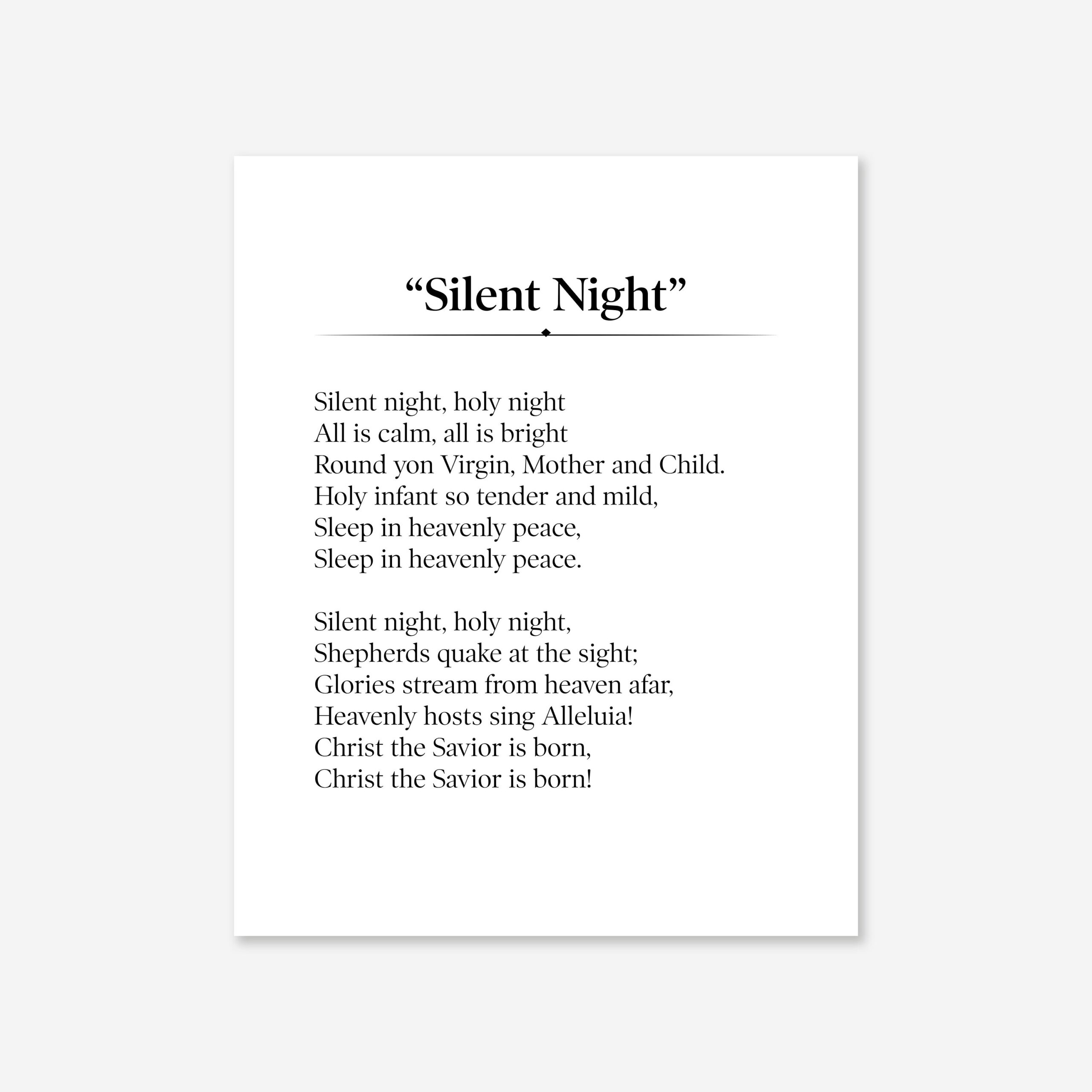 Silent Night Lyrics Christmas Print Christmas Music Black And White Typography Print Holiday Art
