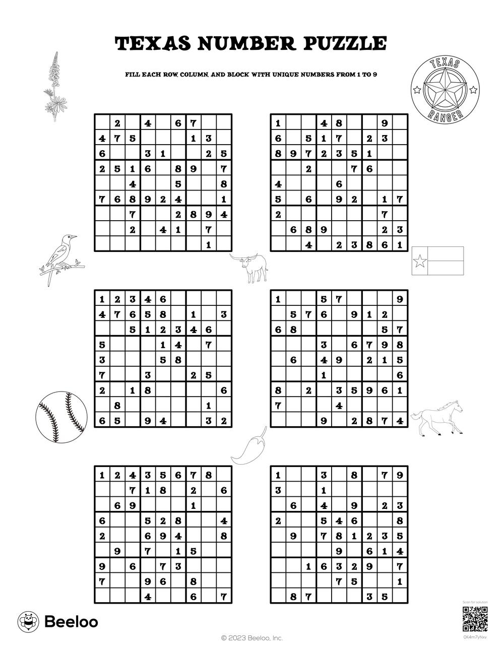 Texas themed Sudoku Puzzles Beeloo Printable Crafts And Activities For Kids