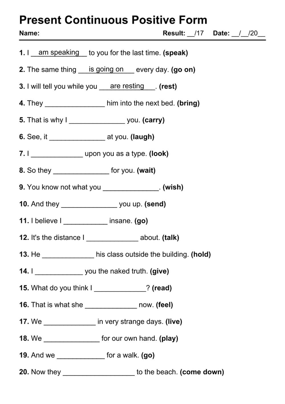 101 Printable Present Continuous Positive PDF Worksheets Grammarism 