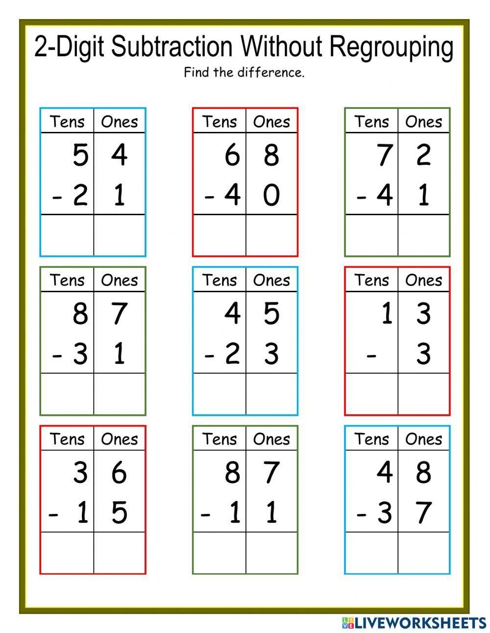 2 Digit Subtraction Without Regrouping DJ Worksheet Live Worksheets 