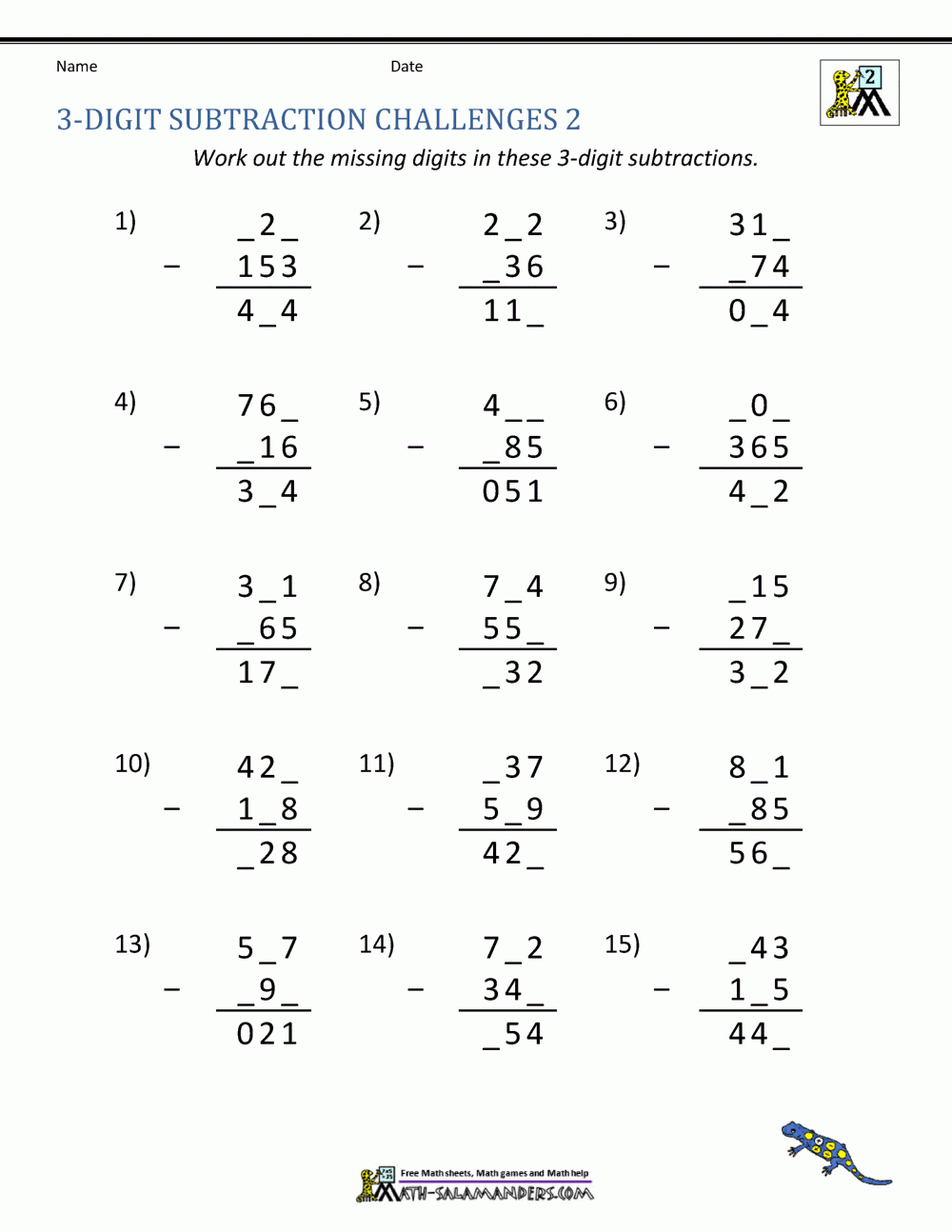 3 Digit Subtraction Worksheets