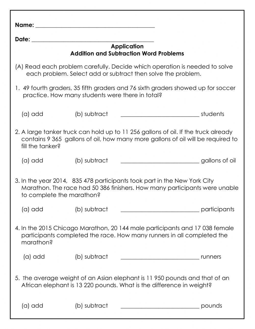 3rd Grade Addition And Subtraction Word Problems Worksheets Library