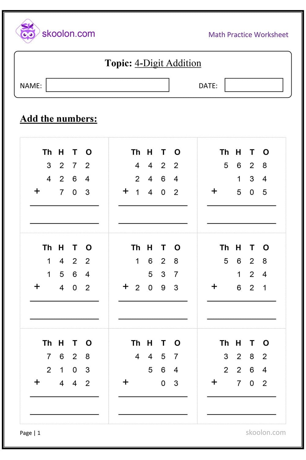 4 Digit Addition Skoolon