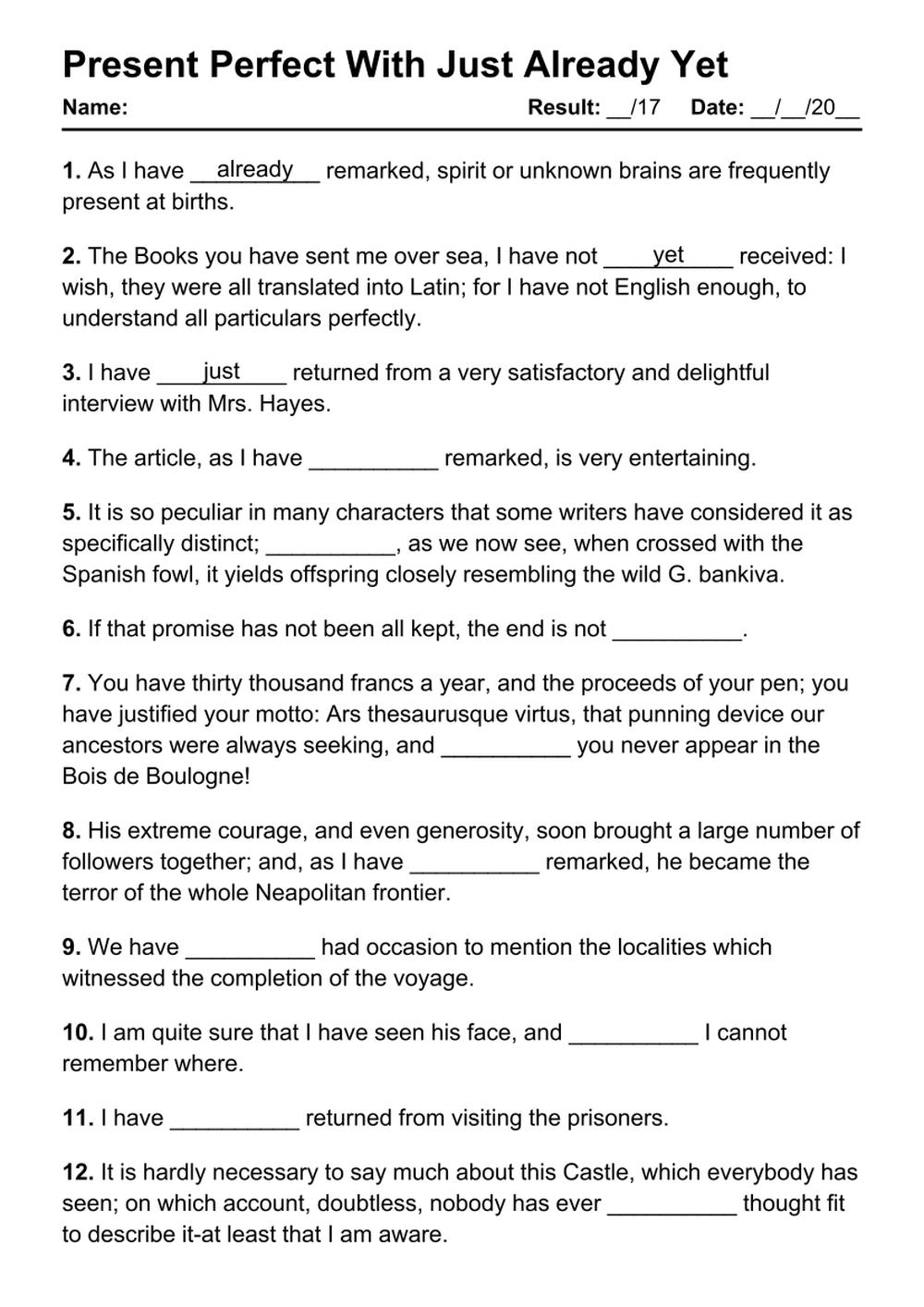 5 Printable Present Perfect With Just Already Yet PDF Worksheets 