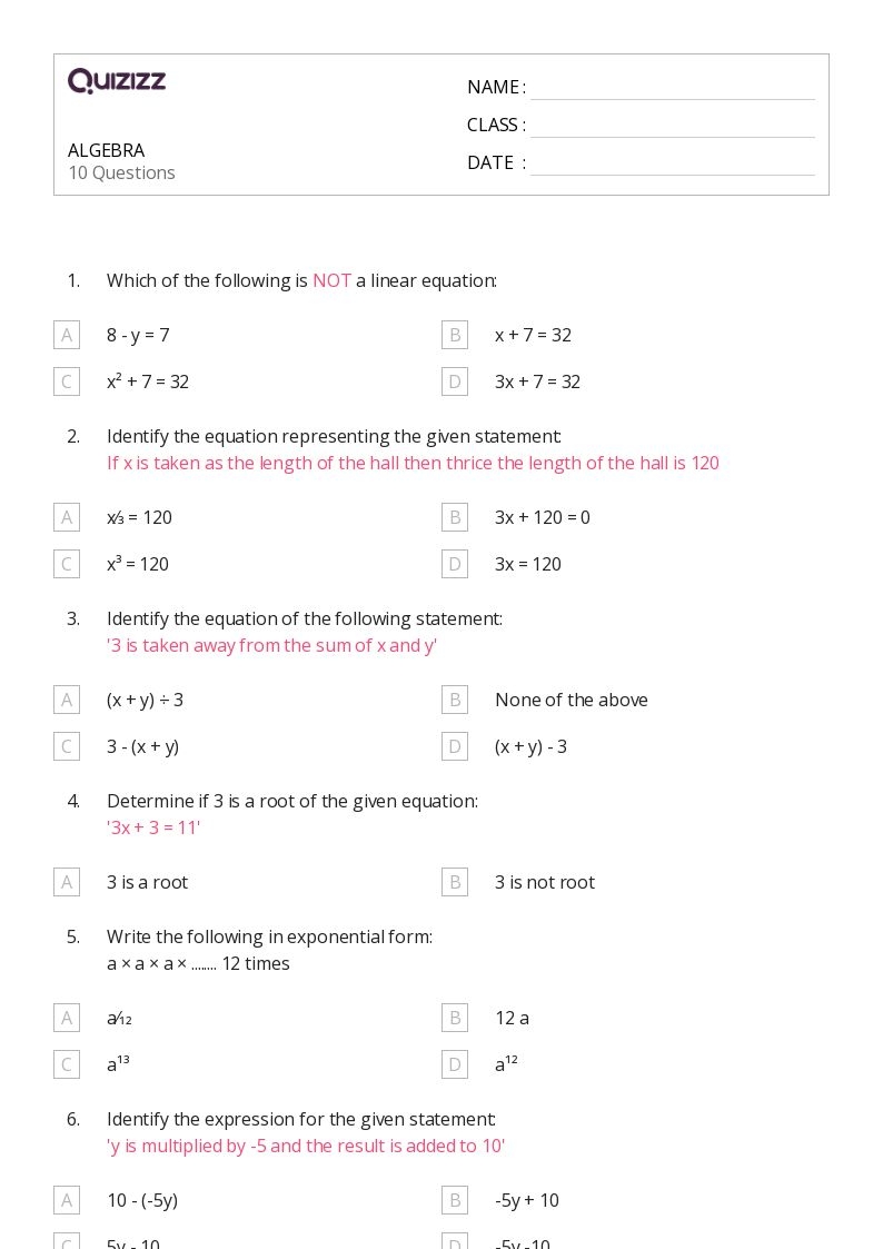 50 Algebra Worksheets For 6th Class On Quizizz Free Printable 