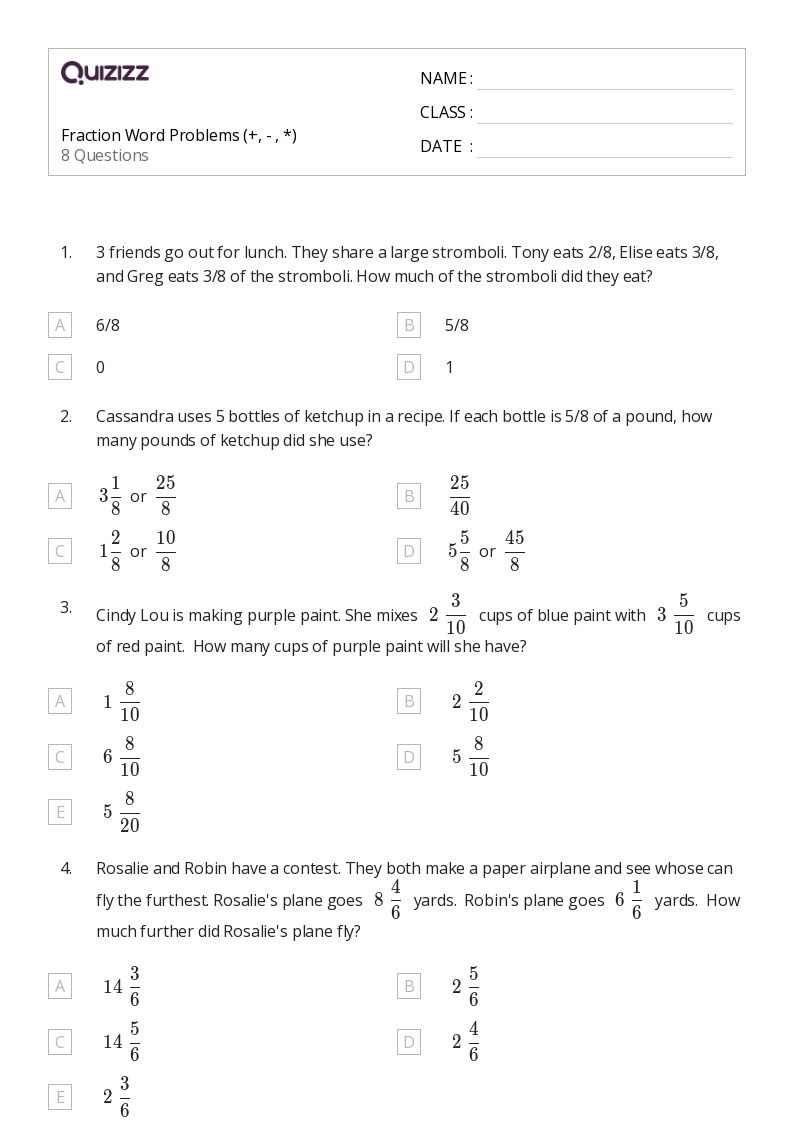50 Fraction Word Problems Worksheets For 4th Class On Quizizz