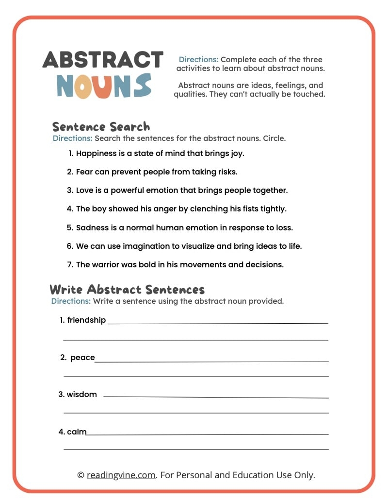 Abstract Noun Worksheets Definition And Examples ReadingVine 