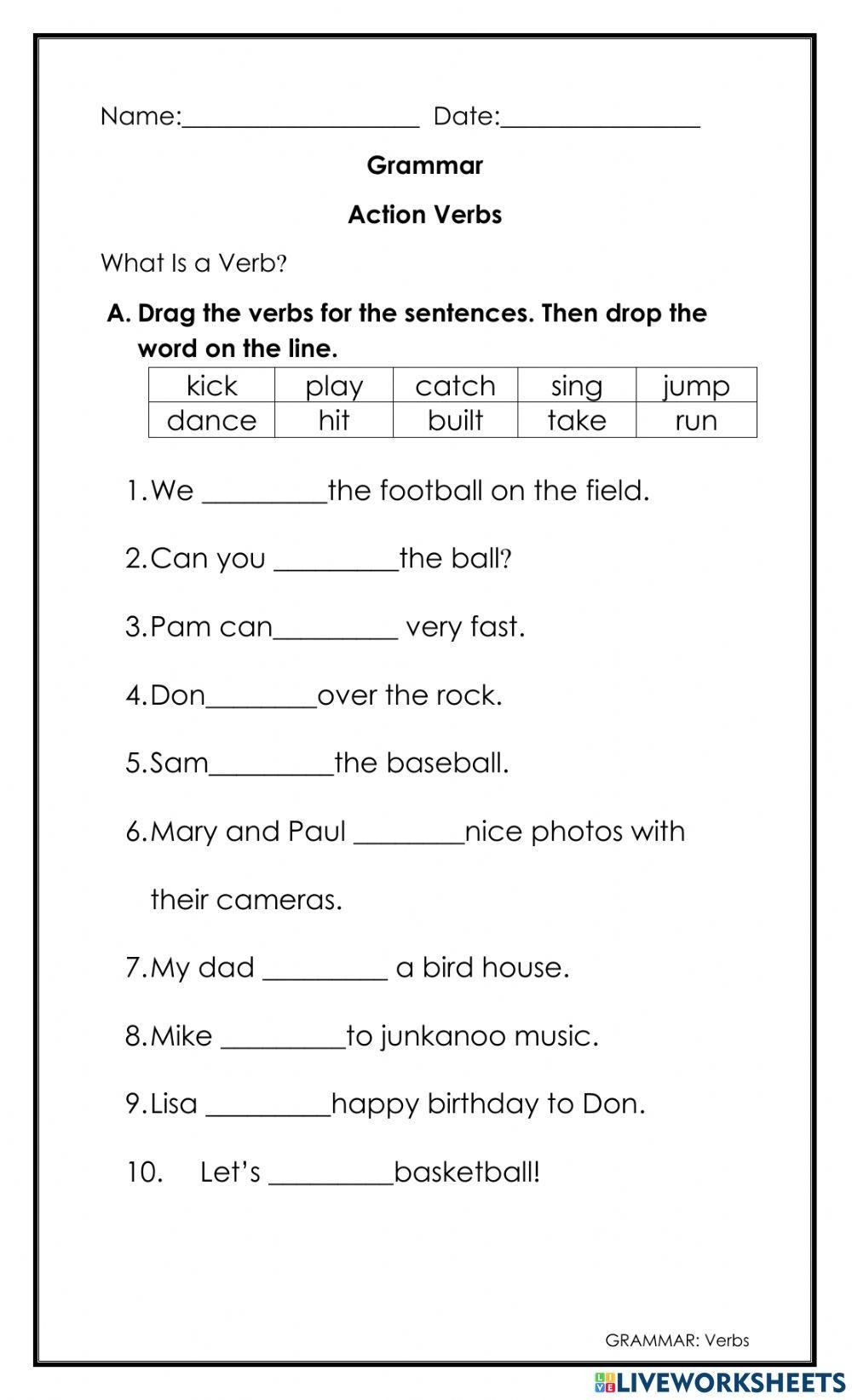 Action Verbs Online Exercise For Grade 2 Live Worksheets Worksheets