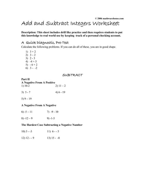 Add Subtract integers worksheet PDF Worksheets Library
