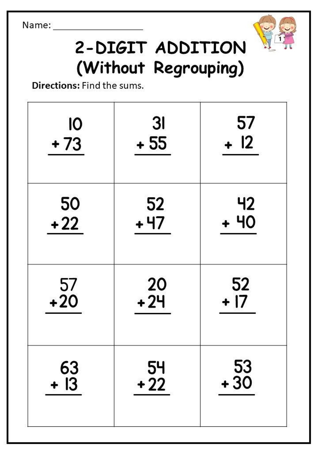 Add Two 2 Digit Numbers Without Regrouping Missing Digits Math 