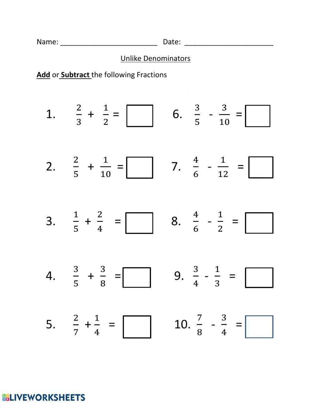 Adding And Subtracting Unlike Denominators Worksheet Live Worksheets 