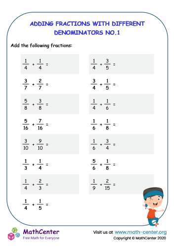 Adding Fractions With Different Denominators Worksheet No 1 