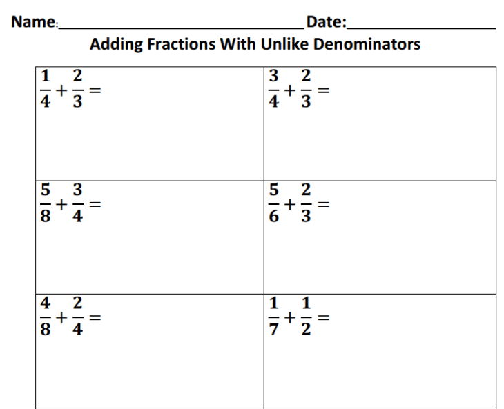 Adding Fractions With Unlike Denominators Practice Activities For 