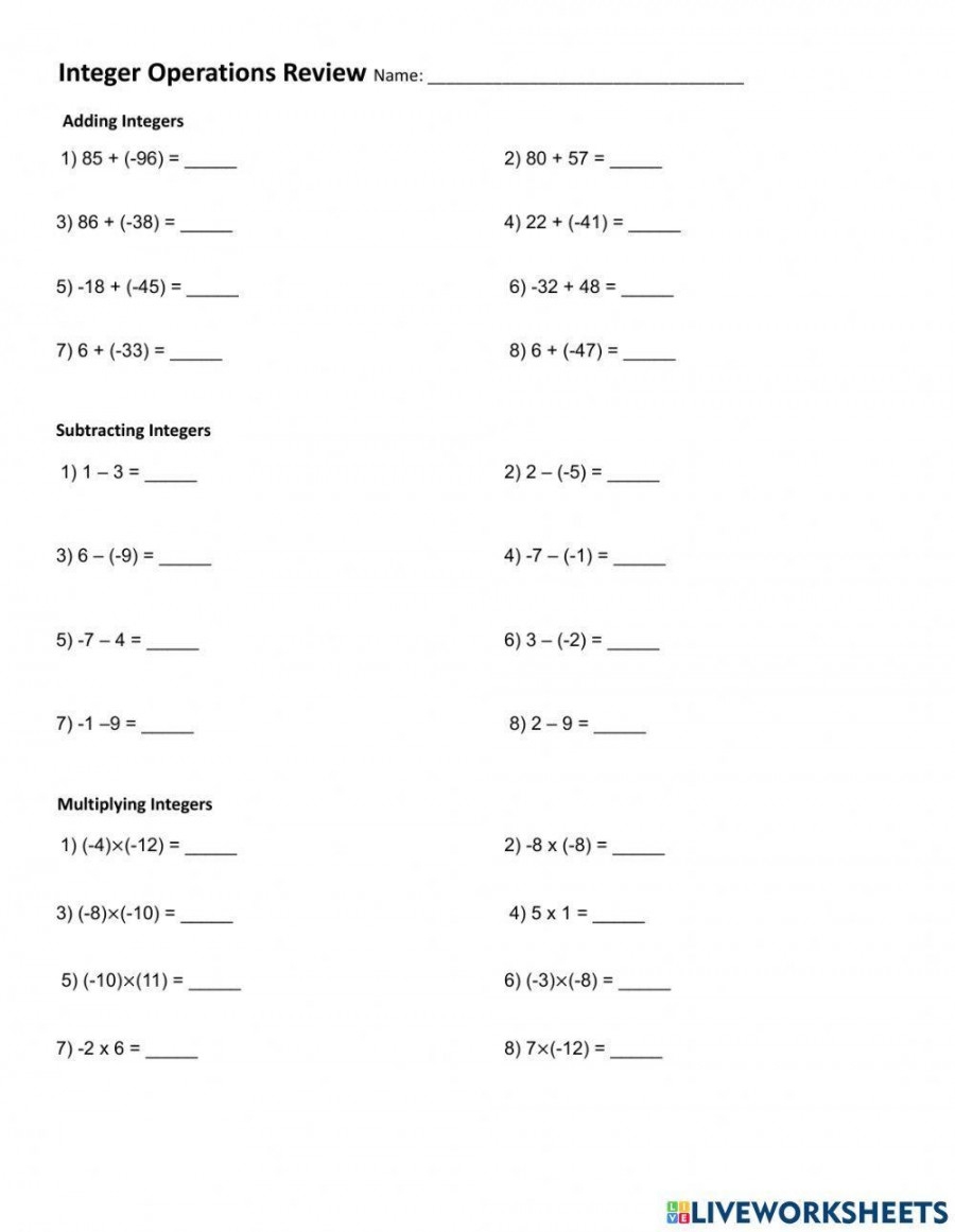 Adding Integers Worksheet 7th Grade Printable PDF Template