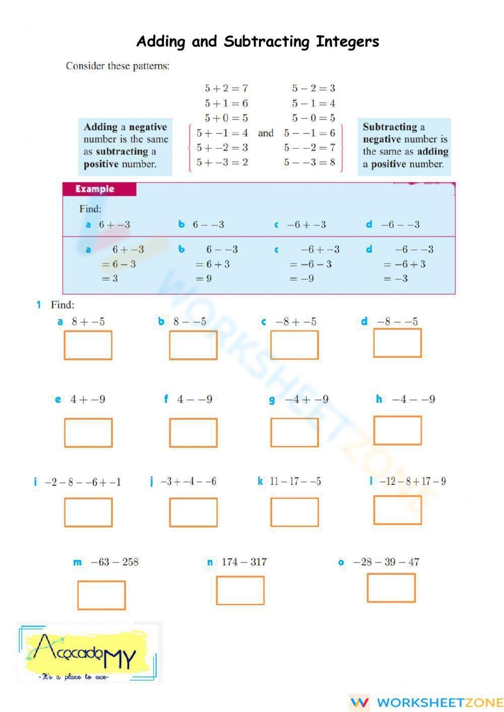Addition And Subtraction Integers Worksheet Worksheets Library