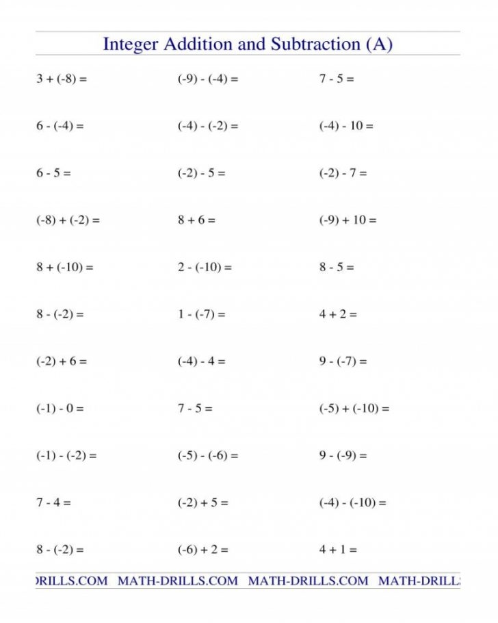 Addition Subtraction Integers Worksheet Math Worksheets Printable