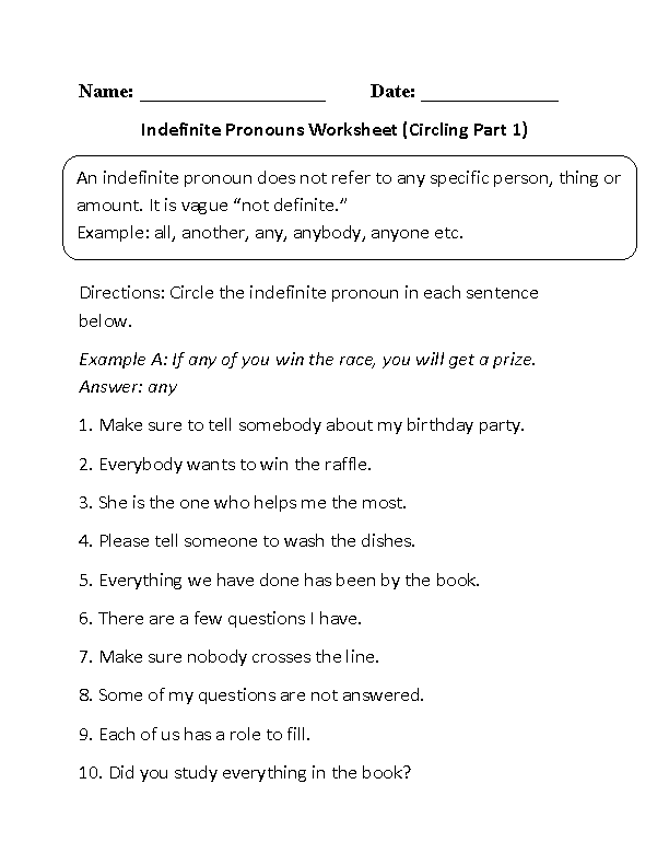 Adjectives Worksheets Indefinite Pronouns Worksheets