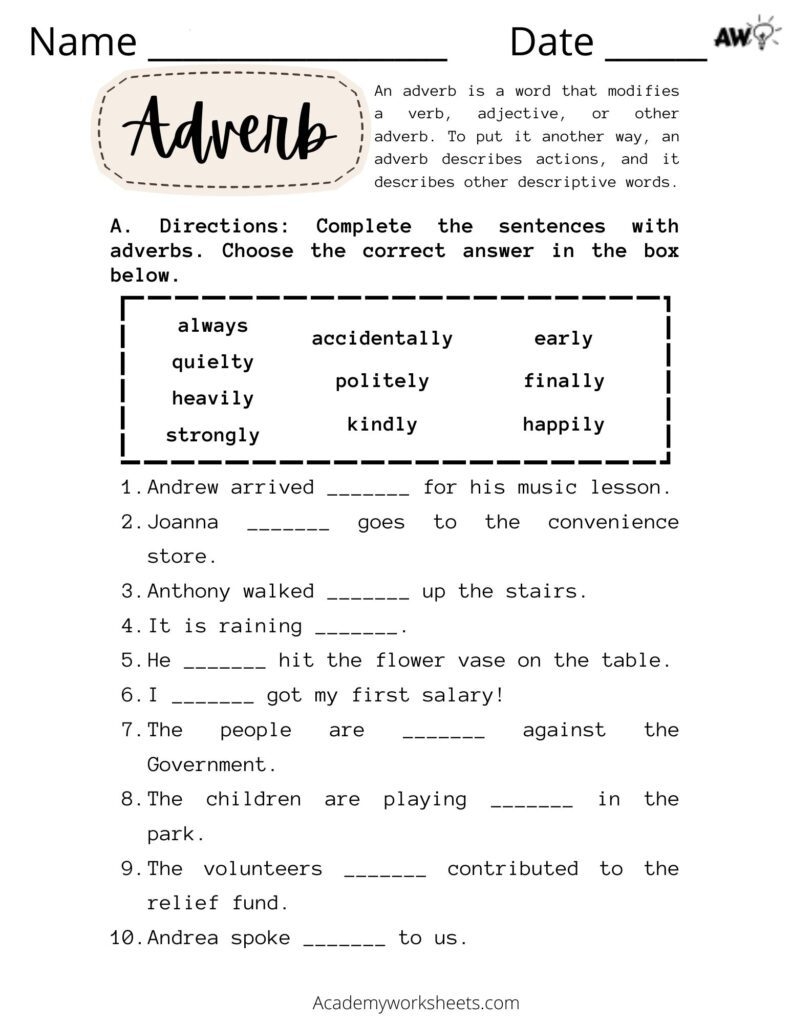 Adverbs Worksheet PDF Worksheets Library