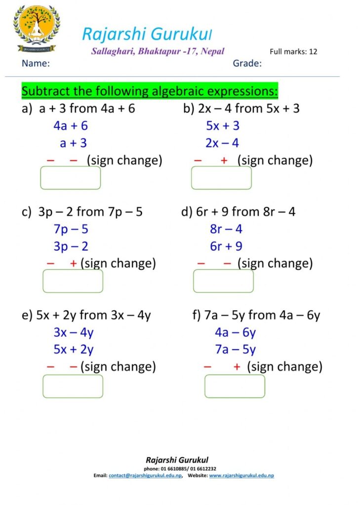 Algebraic Expressions Class 7 Worksheet - Free Printable Worksheets