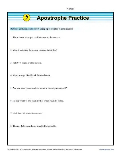 Apostrophe Practice Punctuation Worksheets