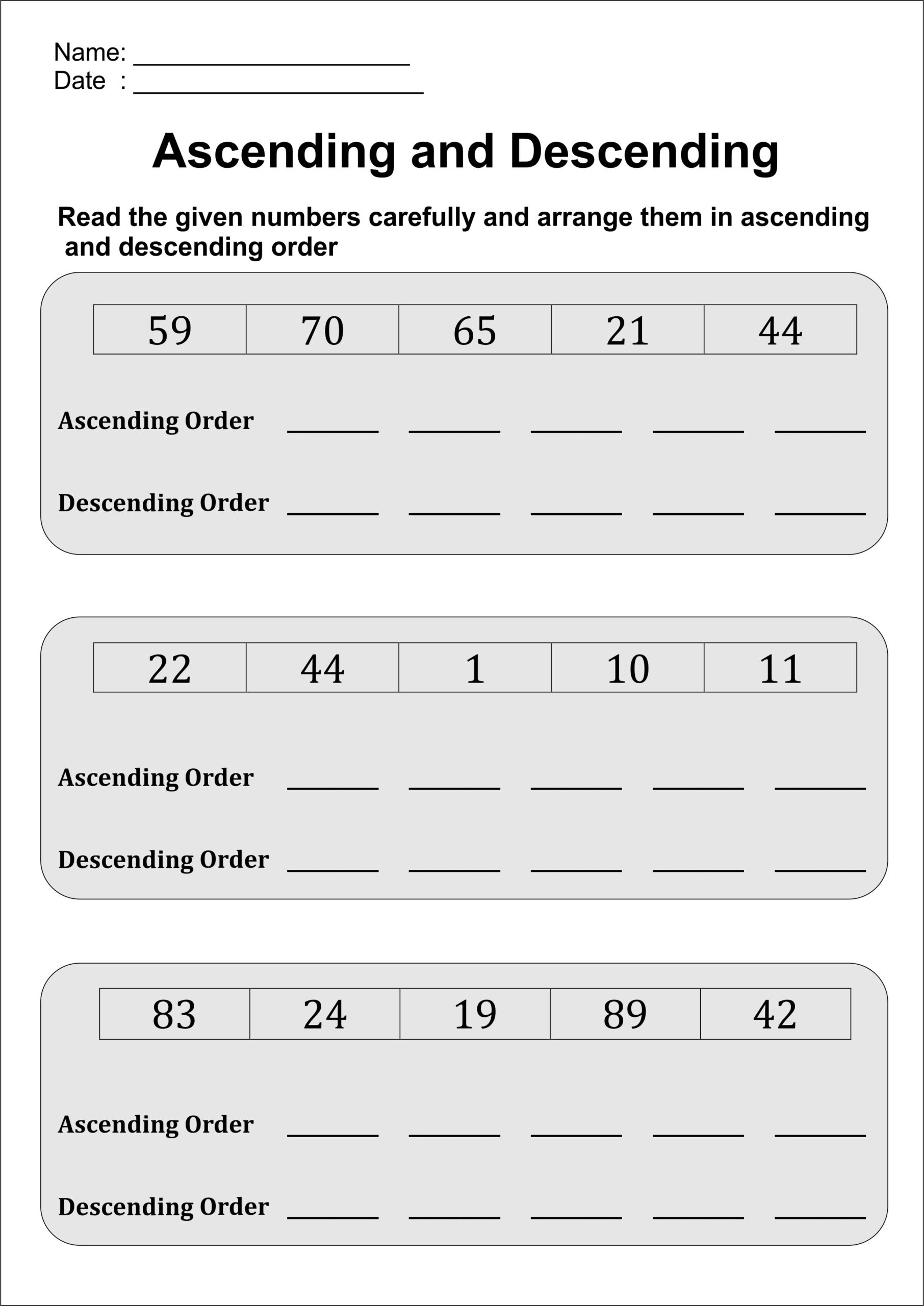 Arrange Numbers In Ascending And Descending Order Worksheet
