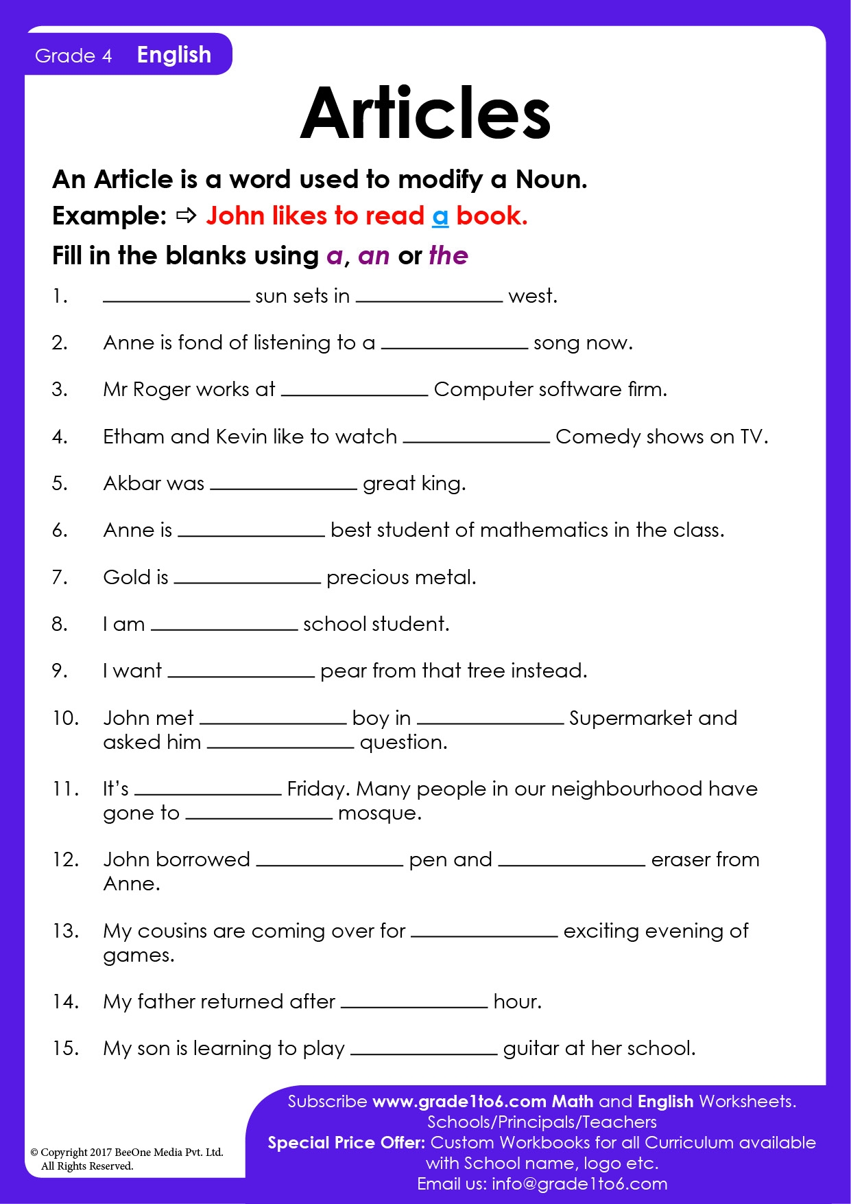 Articles Worksheets For Class 2 Grade1to6 Worksheets Library