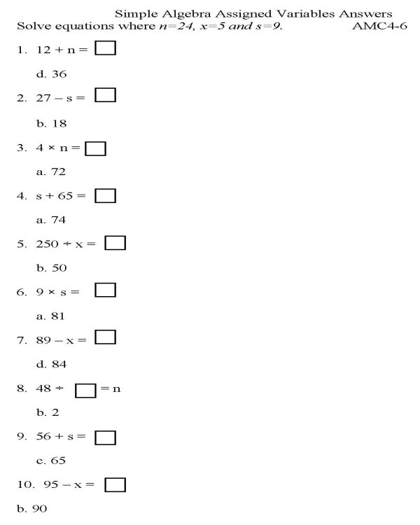 BlueBonkers Algebra Multiple Choice P6 Free Printable Math 